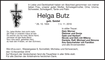 Traueranzeige von Helga Butz von Neue Presse Coburg