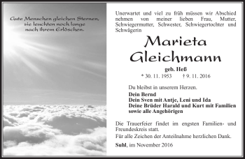 Traueranzeige von Marieta Gleichmann von Südthüringer Presse