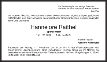 Traueranzeige von Hannelore Raithel von Frankenpost