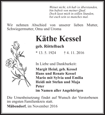 Traueranzeige von Käthe Kessel von Südthüringer Presse