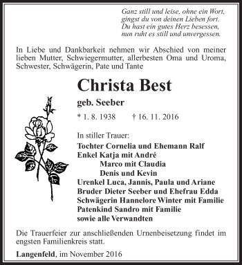 Traueranzeige von Christa Best von Südthüringer Presse