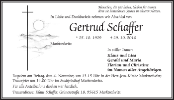 Traueranzeige von Gertrud Schaffer von Frankenpost