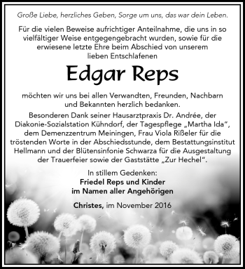 Traueranzeige von Edgar Reps von Südthüringer Presse