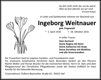 Traueranzeige von Ingeborg Weitnauer von Frankenpost