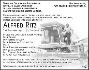 Traueranzeige von Alfred Ritz von Südthüringer Presse
