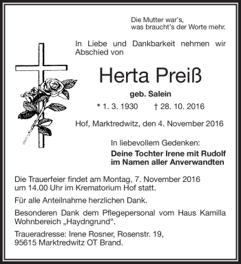 Traueranzeige von Herta Preiß von Frankenpost