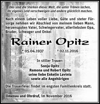 Traueranzeige von Rainer Opitz von Südthüringer Presse