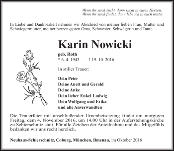 Traueranzeige von Karin Nowicki von Südthüringer Presse