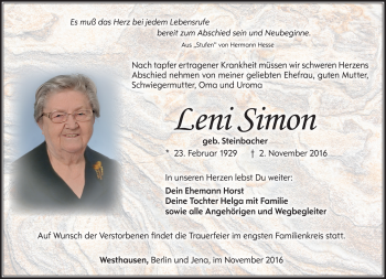Traueranzeige von Leni Simon von Südthüringer Presse