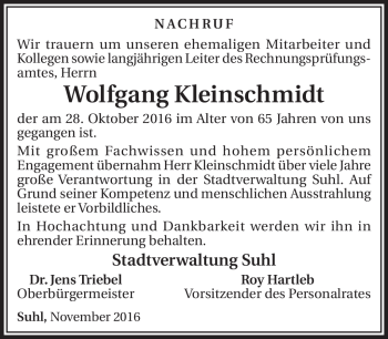 Traueranzeige von Wolfgang Kleinschmidt von Südthüringer Presse