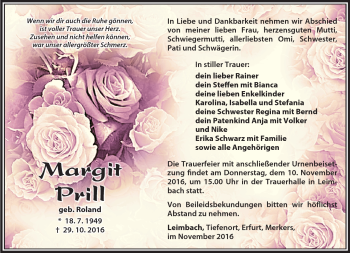 Traueranzeige von Margit Prill von Südthüringer Presse