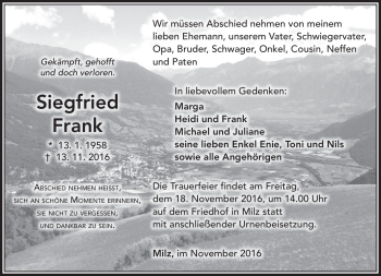 Traueranzeige von Siegfried Frank von Südthüringer Presse