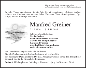 Traueranzeige von Manfred Greiner von Südthüringer Presse