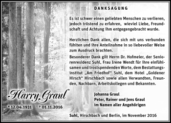 Traueranzeige von Harry Graul von Südthüringer Presse