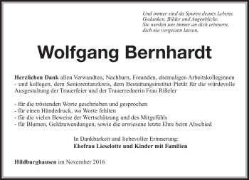 Traueranzeige von Wolfgang Bernhardt von Südthüringer Presse