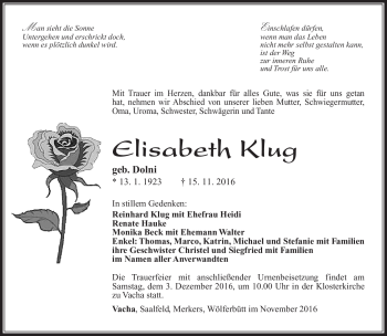 Traueranzeige von Elisabeth Klug von Südthüringer Presse