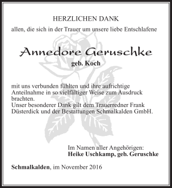 Traueranzeige von Annedore Geruschke von Südthüringer Presse