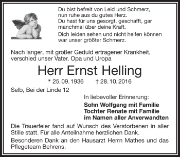 Traueranzeige von Ernst Helling von Frankenpost
