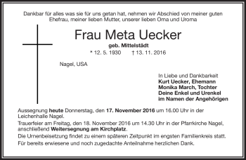 Traueranzeige von Meta Uecker von Frankenpost