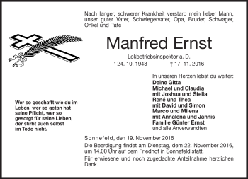 Traueranzeige von Manfred Ernst von Neue Presse Coburg
