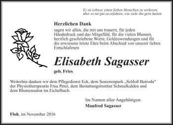 Traueranzeige von Elisabeth Sagasser von Südthüringer Presse