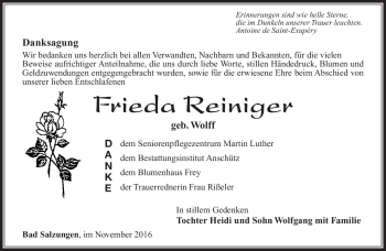 Traueranzeige von Frieda Reiniger von Südthüringer Presse