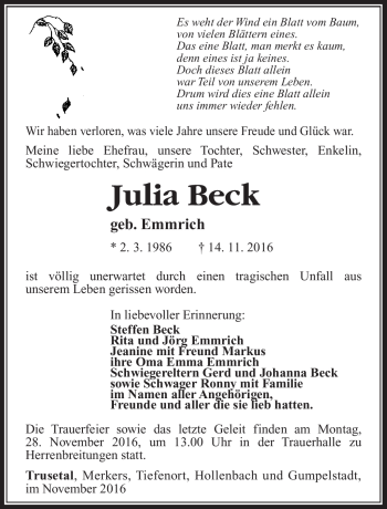 Traueranzeige von Julia Beck von Südthüringer Presse