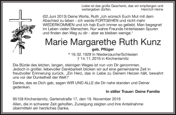 Traueranzeige von Marie Margarethe Ruth Kunz von Frankenpost
