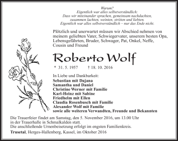 Traueranzeige von Roberto Wolf von Südthüringer Presse