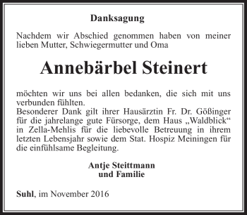 Traueranzeige von Annebärbel Steinert von Südthüringer Presse
