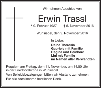 Traueranzeige von Erwin Trassl von Frankenpost