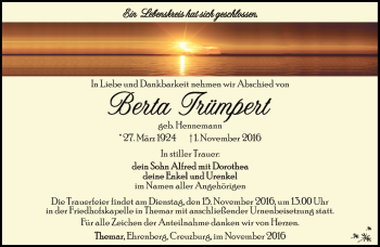 Traueranzeige von Berta Trümpert von Südthüringer Presse