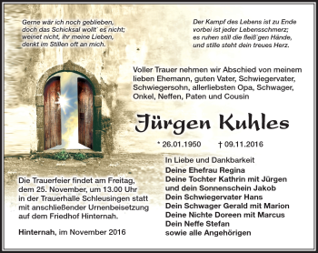 Traueranzeige von Jürgen Kuhles von Südthüringer Presse