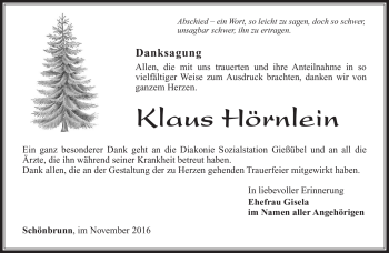 Traueranzeige von Klaus Hörnlein von Südthüringer Presse
