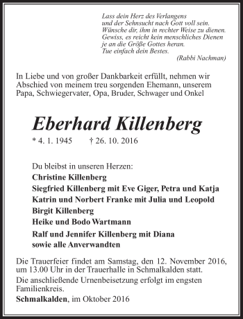 Traueranzeige von Eberhard Killenberg von Südthüringer Presse