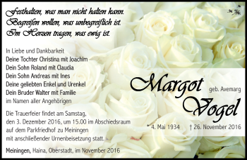 Traueranzeige von Margot Vogel von Südthüringer Presse