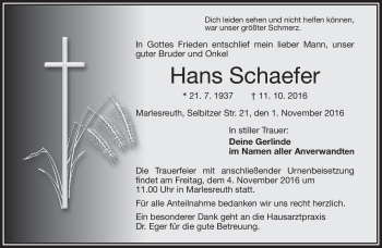 Traueranzeige von Hans Schaefer von Frankenpost