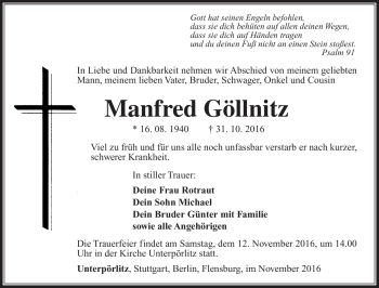 Traueranzeige von Manfred Göllnitz von Südthüringer Presse