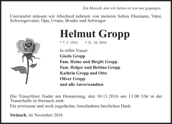 Traueranzeige von Gropp Helmut von Südthüringer Presse