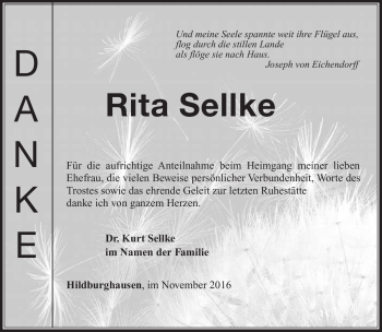 Traueranzeige von Rita Sellke von Südthüringer Presse