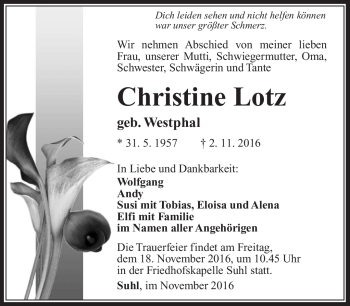 Traueranzeige von Christine Lotz von Südthüringer Presse