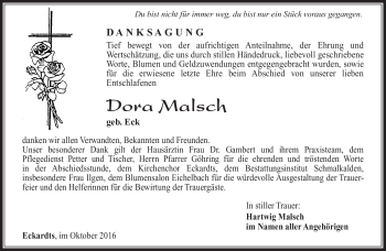 Traueranzeige von Dora Malsch von Südthüringer Presse