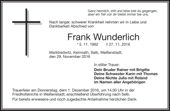Traueranzeige von Frank Wunderlich von Frankenpost