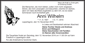 Traueranzeige von Anni Wilhelm von Frankenpost