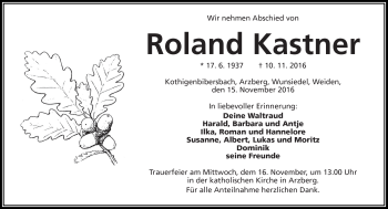 Traueranzeige von Roland Kastner von Frankenpost
