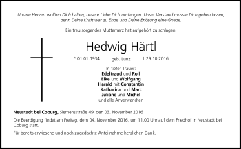 Traueranzeige von Hedwig Härtl von Neue Presse Coburg