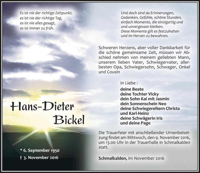  Traueranzeige für Hans-Dieter Bickel vom 05.11.2016 aus Südthüringer Presse