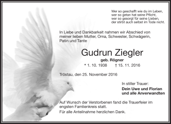Traueranzeige von Gudrun Ziegler von Frankenpost
