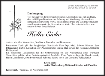 Traueranzeige von Hella Eiche von Südthüringer Presse