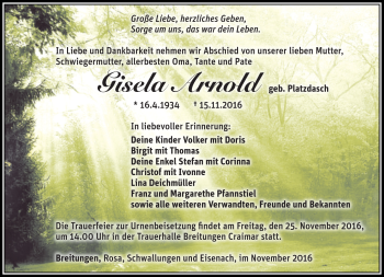 Traueranzeige von Gisela Arnold von Südthüringer Presse